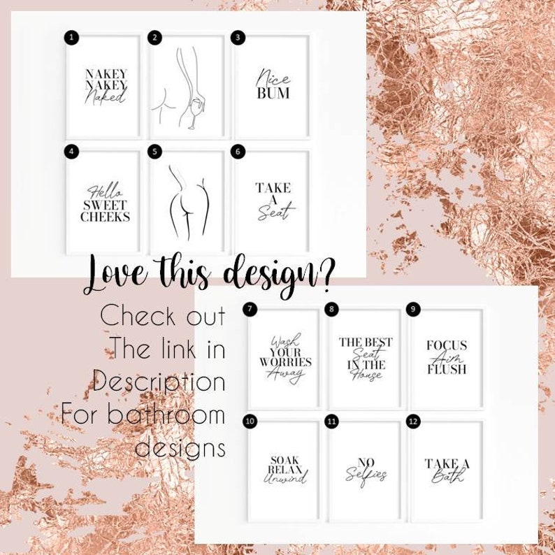 May include: Twelve white framed prints with black text and illustrations. The prints feature bathroom-themed phrases like "Nakey Nakey Naked", "Nice Bum", "Hello Sweet Cheeks", "Take a Seat", "Wash Your Worries Away", "The Best Seat in the House", "Focus Aim Flush", "Soak Relax Unwind", "No Selfies", and "Take a Bath".