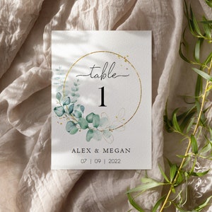 Personalised greenery Table Numbers, Wedding table number cards, eucalyptus table number prints, botanical wedding table number signs