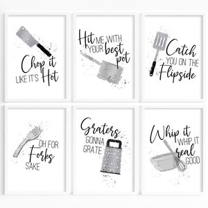 Funny Kitchen Quotes Print Set: Kitchen Utensil Wall Art