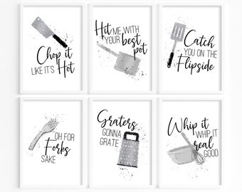 Funny Kitchen Quotes Print Set: Kitchen Utensil Wall Art
