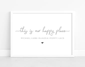 This Is Our Happy Place Print, Custom Home Gift, Birthday Gift, Personalised Family Names Artwork, Fathers Day gift, family Wall Art, Decor