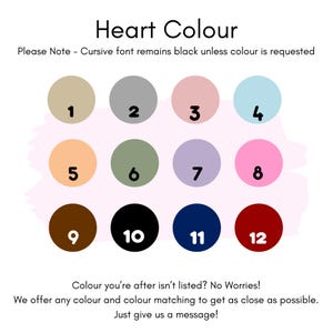 Heart colour options are 1 beige, 2 grey, 3 dusk pink, 4 baby blue, 5 peach, 6 sage, 7 purple, 8 pink, 9 brown, 10 black, 11 navy, 12 red