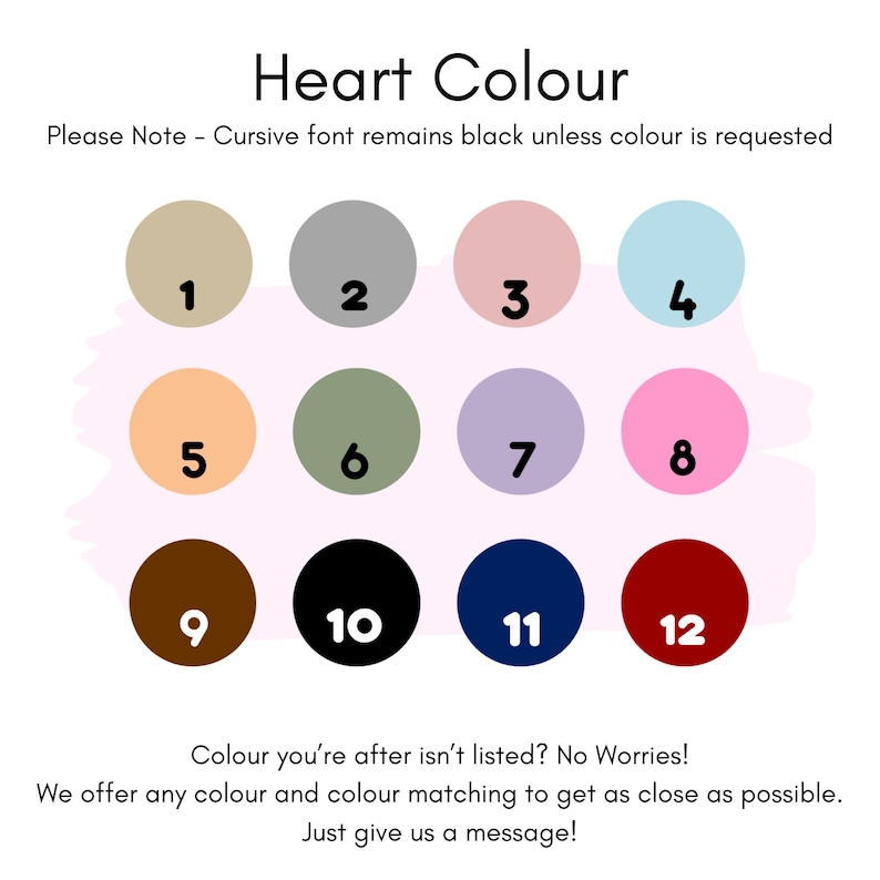 Heart colour options are 1 beige, 2 grey, 3 dusk pink, 4 baby blue, 5 peach, 6 sage, 7 purple, 8 pink, 9 brown, 10 black, 11 navy, 12 red