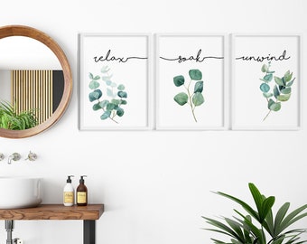 Láminas de eucalipto para baño: Relájate, sumérgete, desconecta. Arte mural botánico, decoración de spa, vegetación.