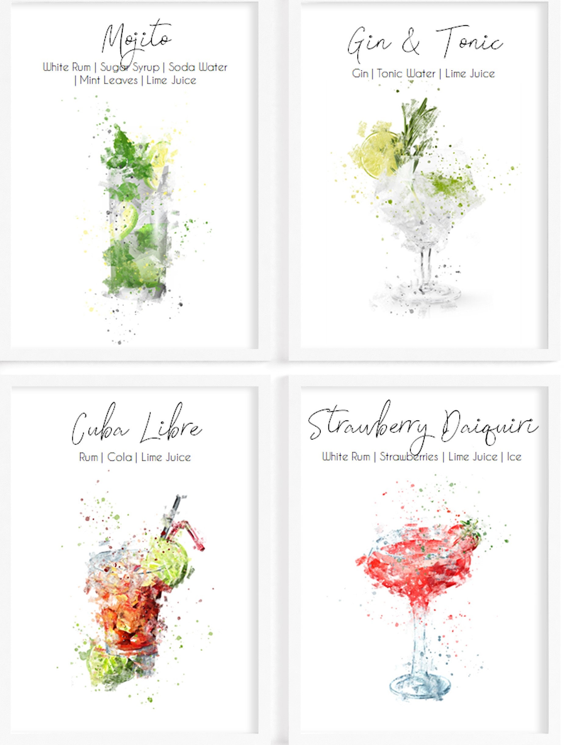 Watercolour Alcohol Cocktail Prints Set of Kitchen Prints Etsy