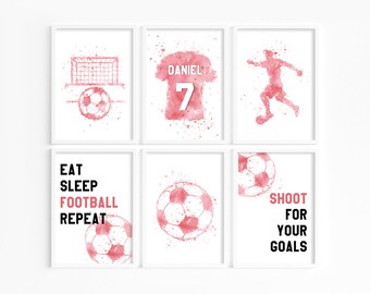 Personalisierte rote Fußball Drucke: Kinderzimmer Dekor, Shirt Name & Nummer Schlafzimmer Wandkunst,