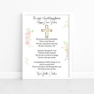 Regalo de bautizo personalizado para ahijada, regalo de padrino, impresión de recuerdo, poema de ahijada, decoración de bautizo