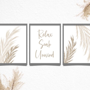Beige Bathroom Wall Art Set of 3, Neutral Botanical Prints, Relax Soak Unwind Quote, Spa Style Bathroom Decor, Minimalist Leaf Wall Art