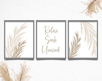 Beige Botanical Bathroom Prints, Set of 3: Spa Decor, Bathroom Wall Art