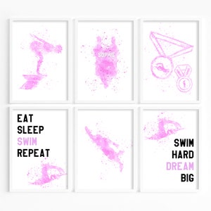 Personalised Swimmer Prints, Pink Swimming Wall Art, Kids Bedroom Swimming Decor, Swimmer prints for kids, Swimming Name Print, Swim Decor