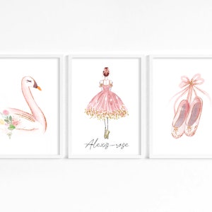 Ballerina Nursery Wall Art Set of 3, Baby Girl Bedroom Decor, Personalised Ballet Prints, Pink Swan Room Art, Girls Printable Posters