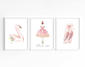 Ballerina Nursery Print Set: Pink Swan, Ballet Shoes, Personalised Girls Room Decor