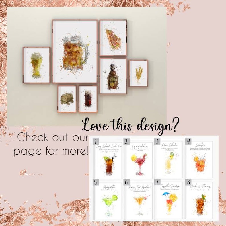 May include: A collage of eight watercolor-style illustrations of different cocktails, each with a title and description. The cocktails include Long Island Iced Tea, Cosmopolitan, Pina Colada, Zombie, Margarita, Porn Star Martini, Tequila Sunrise, and  Rum & Coke.