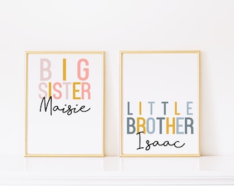 Personalised Brother and Sister Prints: Rainbow Room Decor, Playroom Sibling Art, Kids Shelf Decoration
