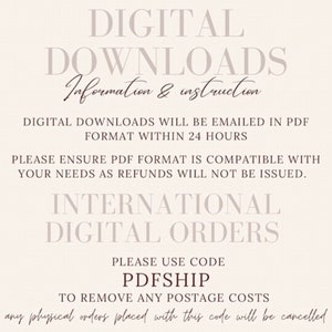May include: Digital downloads information and instructions. Digital downloads will be emailed in PDF format within 24 hours. Please ensure PDF format is compatible with your needs as refunds will not be issued. International digital orders. Please use code PDFSHIP to remove any postage costs. Any physical orders placed with this code will be cancelled.