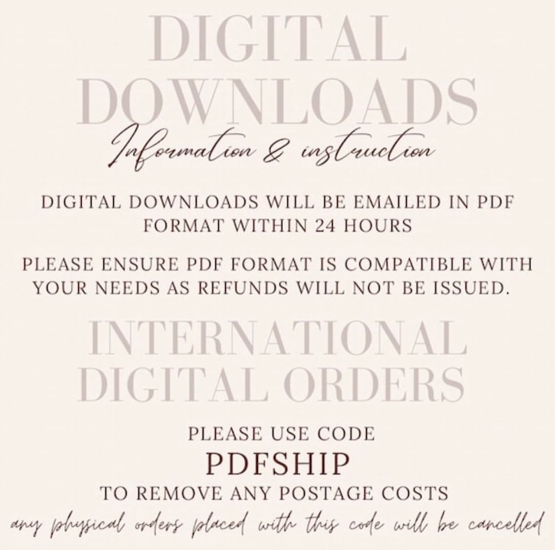 May include: Digital downloads information and instructions. Digital downloads will be emailed in PDF format within 24 hours. Please ensure PDF format is compatible with your needs as refunds will not be issued. International digital orders. Please use code PDFSHIP to remove any postage costs. Any physical orders placed with this code will be cancelled.