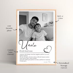 Può includere: Una stampa incorniciata con una fotografia in bianco e nero di un adulto e un bambino seduti su un divano. Sotto la foto, il testo recita Uncle, [Uncle Joey] noun, seguito da una definizione e un'icona a forma di cuore. La stampa include spazio per un nome personalizzato e un messaggio.