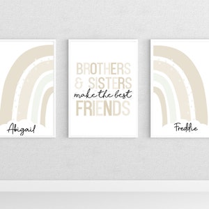 Arte de pared personalizado para hermanos, impresiones de arcoíris neutros para dormitorio, decoración para habitación compartida, impresión con frase de hermano y hermana, arte personalizado con el nombre de los niños.