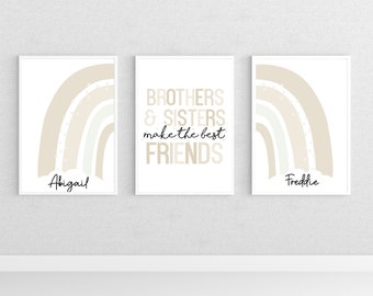 Personalised Sibling Rainbow Print Set: Neutral Kids Room Decor, Beige Playroom Art, Brothers Sisters