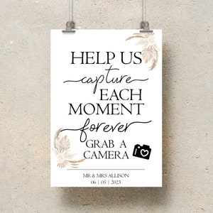 Cartello rustico per macchina fotografica per matrimonio, Cartello "Prendi una macchina fotografica", Stampa "Cattura l'attimo", Cartello per macchina fotografica usa e getta per matrimonio, Decorazioni per matrimonio boho, Tavolo per matrimonio