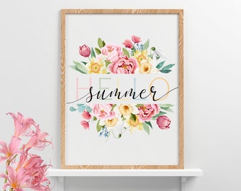 Hello Summer Print, Summer wall decor, Hello Summer wall art, Summer Vibes prints, Summer decor, Summer flowers print Summer posters