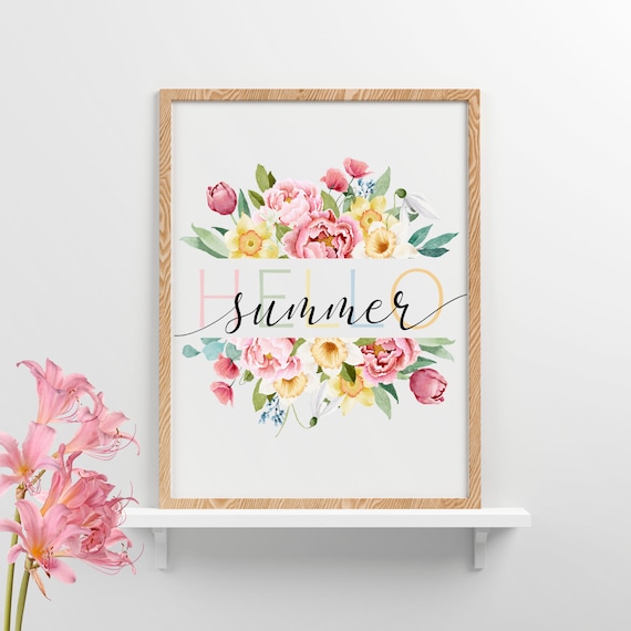Hello Summer Print, Summer wall decor, Hello Summer wall art, Summer Vibes prints, Summer decor, Summer flowers print Summer posters