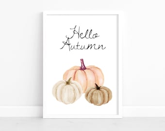 Hello Autumn Print: Watercolor Pumpkins, Fall Home Decor, Autumnal Wall Art, Seasonal Poster