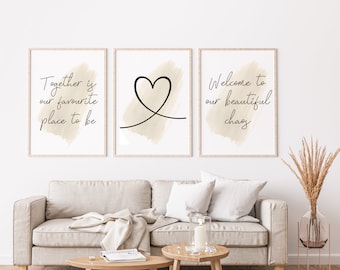 Family Together Quote Prints Set: Modern Home Decor, Living Room Feature Wall Art, Minimalist