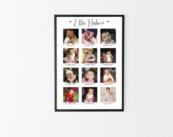 Baby’s first Year Picture Collage - Personalised Photograph Collage, First Birthday Print 1 to 12 Months Happy first Birthday