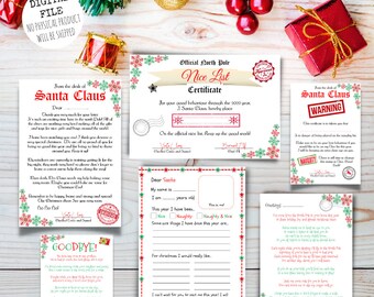 Pode incluir: Um conjunto de cartões de Natal imprimíveis com o Papai Noel, um aviso do Papai Noel, um certificado de lista de bons e uma nota de despedida do duende do Papai Noel. Os cartões são decorados com flocos de neve, bordas vermelhas e verdes e texto festivo.
