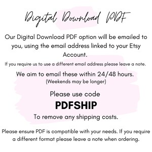 Op de afbeelding: Een informatieve afbeelding voor een digitale PDF-download met zwarte tekst op een lichtroze achtergrond. De tekst bevat instructies voor e-mailbezorging, verwerkingstijden en de kortingscode PDFSHIP om verzendkosten te verwijderen.