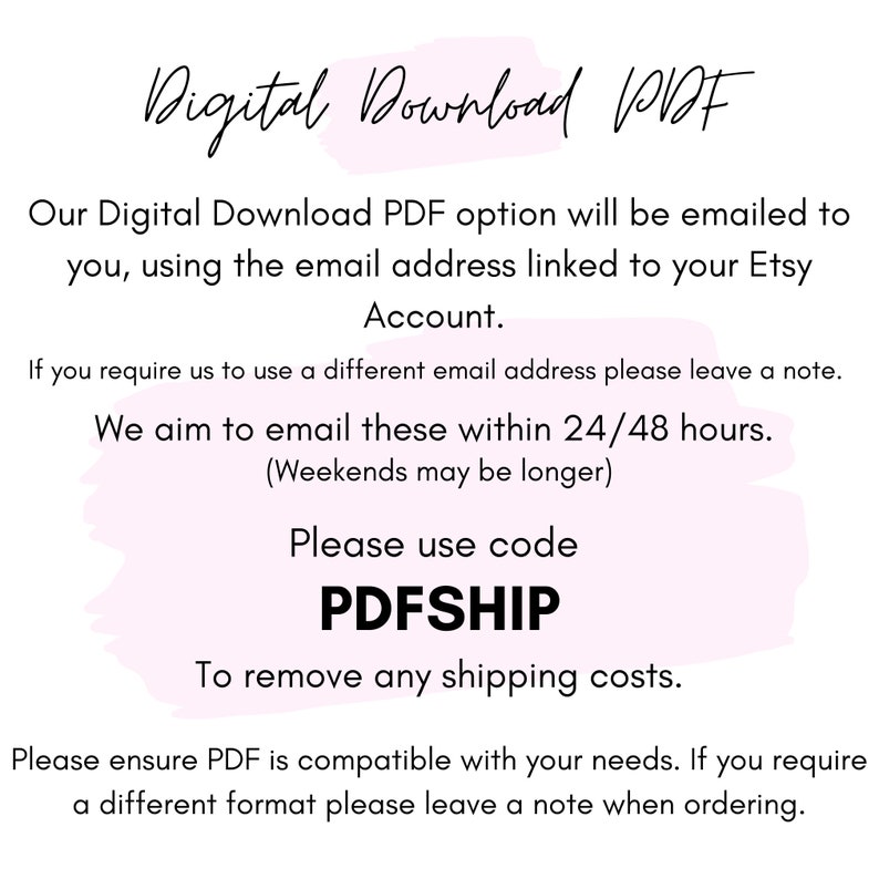 Op de afbeelding: Een informatieve afbeelding voor een digitale PDF-download met zwarte tekst op een lichtroze achtergrond. De tekst bevat instructies voor e-mailbezorging, verwerkingstijden en de kortingscode PDFSHIP om verzendkosten te verwijderen.