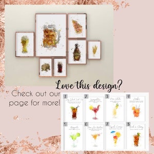 May include: A collage of eight watercolor-style illustrations of different cocktails, each with a title and description. The cocktails include Long Island Iced Tea, Cosmopolitan, Pina Colada, Zombie, Margarita, Porn Star Martini, Tequila Sunrise, and  Rum & Coke.