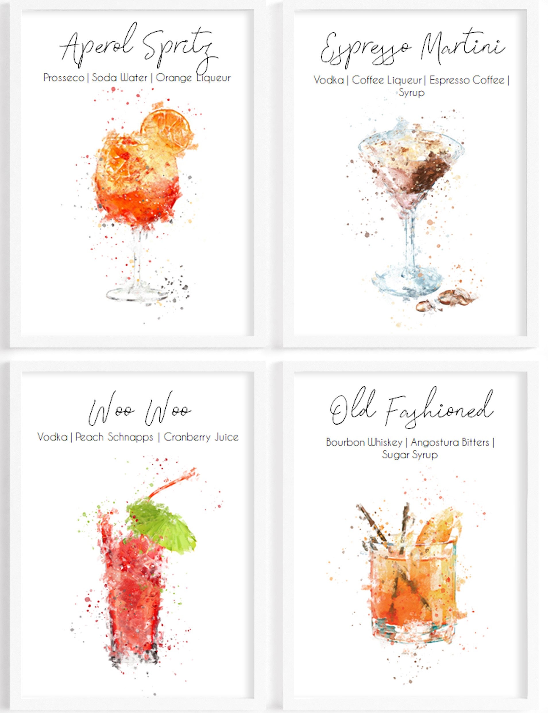 Watercolour Alcohol Cocktail Prints Set of Kitchen Prints Etsy UK