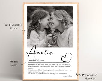 May include: A framed print featuring a black and white photograph of a child and an adult smiling at each other. Below the photo, the text reads Auntie, Auntie Flo noun, followed by a definition and a personalized message from Alice.