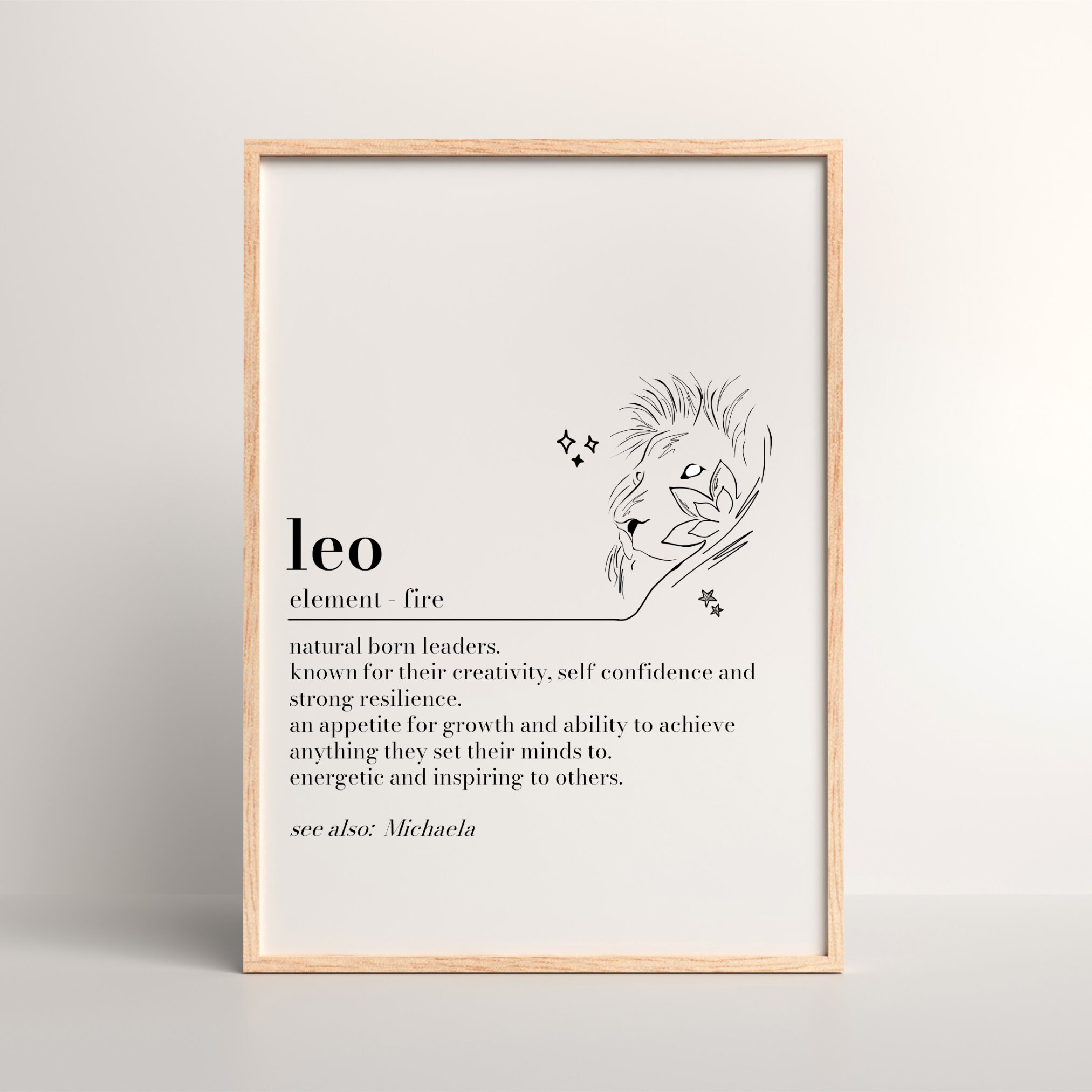 Personalised Leo Definition Print, Leo gift, Dictionary Print, Gift for Leo Sign, Astrology Birthday Gift, Custom Star Sign, Lion Line Art