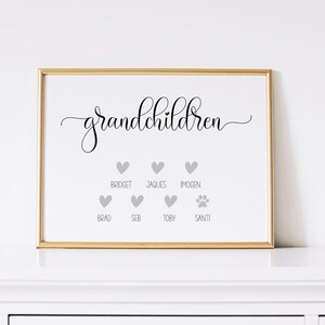 Op de afbeelding: Een ingelijste witte print met het woord grandchildren in zwarte cursieve letters. Onder de tekst staan zeven grijze iconen, waaronder zes hartjes en &eacute;&eacute;n pootafdruk, elk gelabeld met de namen Bridget, Jaques, Imogen, Brad, Seb, Toby en Santi.