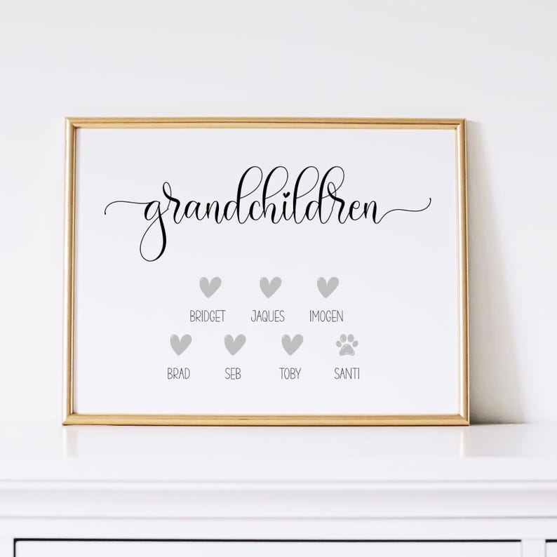 Op de afbeelding: Een ingelijste witte print met het woord grandchildren in zwarte cursieve letters. Onder de tekst staan zeven grijze iconen, waaronder zes hartjes en &eacute;&eacute;n pootafdruk, elk gelabeld met de namen Bridget, Jaques, Imogen, Brad, Seb, Toby en Santi.