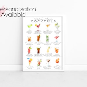 May include: A printable chart with watercolor illustrations of 12 classic cocktails. Each cocktail is labeled with its name and a list of ingredients. The chart is titled "Emma's Classic Cocktails".