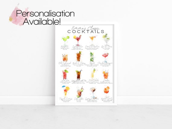 Classic Cocktails List Print, Cocktail Lover Gift, Personalised Bar Decor, Watercolour Alcohol Print, Cocktail Poster, Kitchen Wall Prints