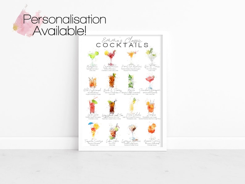 May include: A printable chart with watercolor illustrations of 12 classic cocktails. Each cocktail is labeled with its name and a list of ingredients. The chart is titled "Emma's Classic Cocktails".