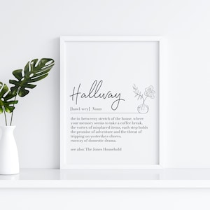 May include: A black and white printable art print with a minimalist line drawing of a flower. The print features the word "Hallway" defined as "the in betweeny stretch of the house, where your memory seems to take a coffee break."