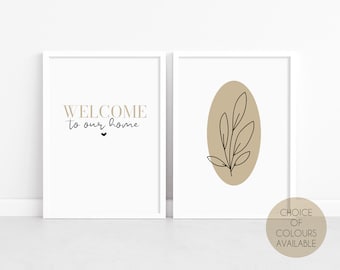 Juego de 2 impresiones de bienvenida a nuestro hogar, impresiones de pasillo, arte de pared de sala de estar, decoración de pared de pasillo, impresión de contorno de hojas, impresiones minimalistas, casa