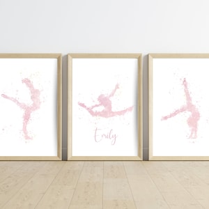 Lot de 3 noms personnalisés de gymnastique, impressions de gymnaste aquarelle, impression de chambre de gymnastique, art mural de chambre de filles, art de gymnaste