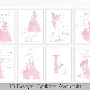 May include: Set of eight printable wall art prints featuring pink watercolor illustrations of princesses and fairy tales. The prints include quotes such as "Be your own type of beautiful", "Dream is a wish that your heart makes", "All you need is faith, trust, and a little bit of fairy dust", "Venture outside your comfort zone, the rewards are worth it", and "Princess Layla".