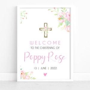 Personalised Christening Welcome sign, flower christening poster, pink baptism sign, pink christening print, flower baptism welcome poster