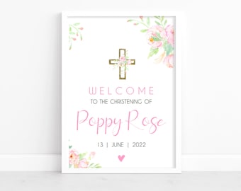 Personalised Flower Christening Welcome Sign: Girls Baptism Poster, Pink Floral Welcome Display for Guests