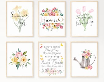 Summer Wall Art Print Set - Hello Summer, Flowers & Seasonal Decor, Colourful Home Print for Gallery Wall, Entryway or Kitchen Styling