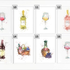 May include: Set of eight watercolor illustrations featuring wine bottles and glasses. The illustrations are in a white frame with a white background and have a watercolor splatter effect. The illustrations include a glass of red wine, a bottle of white wine, a glass of white wine, a bottle of rose wine, a bottle of red wine, a basket with a bottle of wine and grapes, a bottle of wine in a basket with grapes, and a glass of rose wine.
