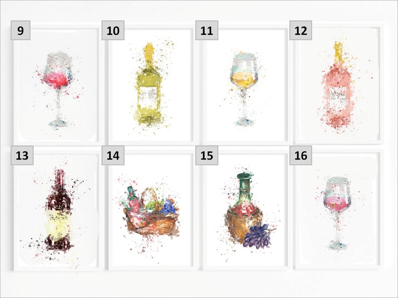 May include: Set of eight watercolor illustrations featuring wine bottles and glasses. The illustrations are in a white frame with a white background and have a watercolor splatter effect. The illustrations include a glass of red wine, a bottle of white wine, a glass of white wine, a bottle of rose wine, a bottle of red wine, a basket with a bottle of wine and grapes, a bottle of wine in a basket with grapes, and a glass of rose wine.